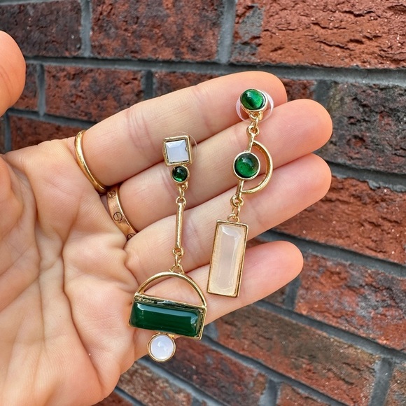 Anthropologie Gold and Green Asymmetrical Geometric Earrings - Picture 11 of 14